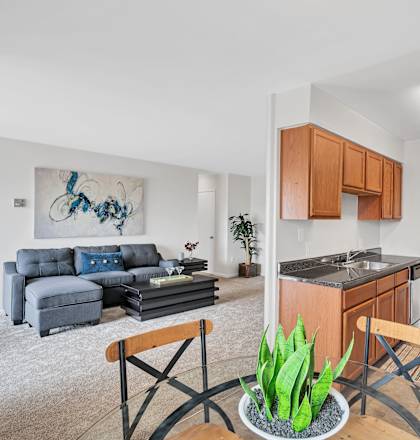 a living room and kitchen with wood cabinets and a black stove top oven