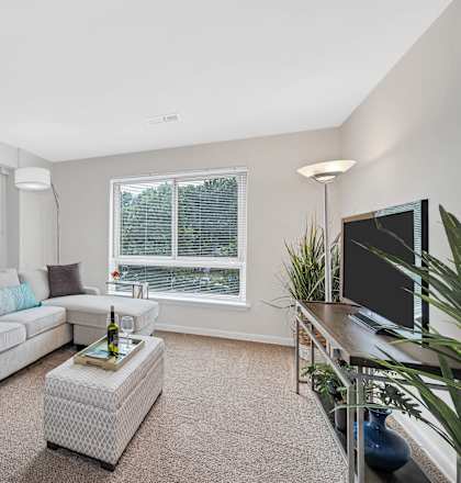 a living room with beige carpet and a white couch