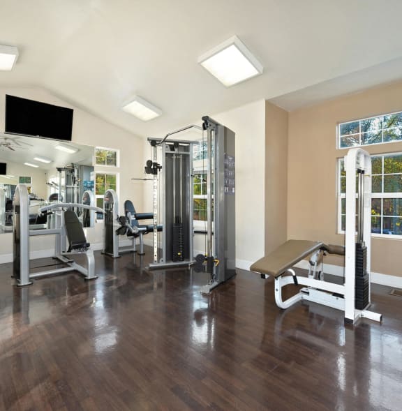 a gym with weights machines and a TV at Hidden Oaks Apartments, Citrus Heights, California