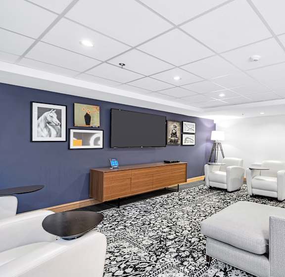 a living room with couches and chairs and a television