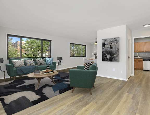 A rendering of a living room at Earle Manor Apartments, Wheaton, Maryland