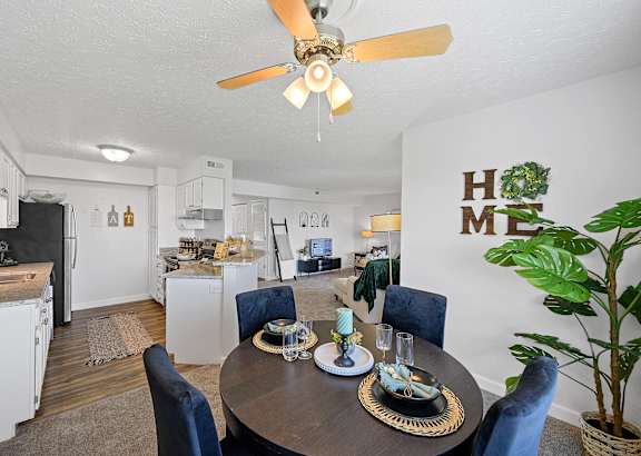 a living room with a dining table and a kitchen