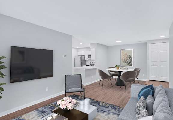 A modern living room with a grey couch, a coffee table, and a flat screen TV mounted on the wall.