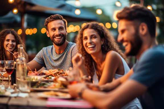 Four people enjoying a meal together at a restaurant.