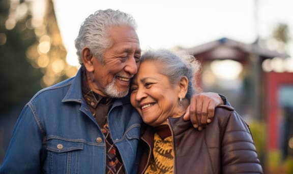 an older couple walking down the street with their arms around each other