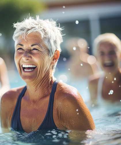 an older woman laughing in a swimming pool