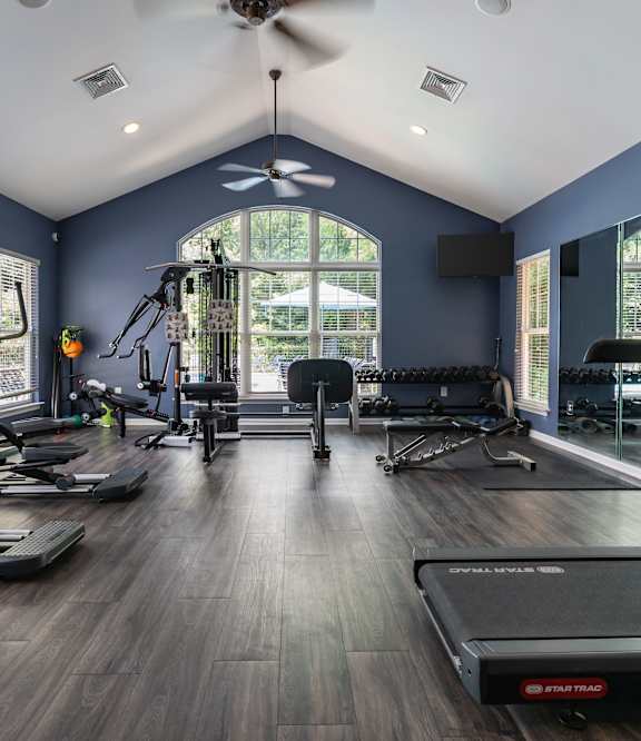 A spacious gym with a variety of equipment including treadmills, elliptical machines, and weight machines.