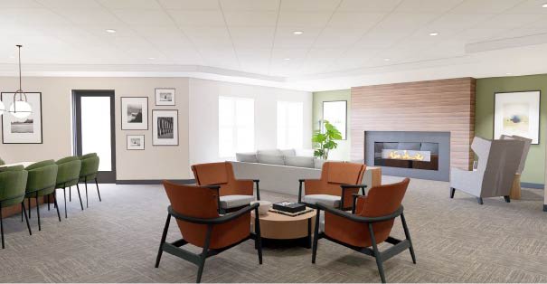 Cardinal Point Apartments community room fireplace rendering - Grand Forks, ND