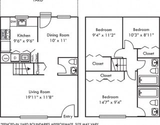 Magnolia with Fenced-in Yard. 3 bedroom townhome. Kitchen. living room. dinning room. 2 full bathroom + powder room. large closets. back door open to yard
