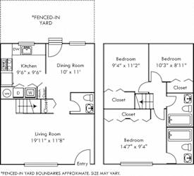 Magnolia with Fenced-in Yard. 3 bedroom townhome. Kitchen. living room. dinning room. 2 full bathroom + powder room. large closets. back door open to yard
