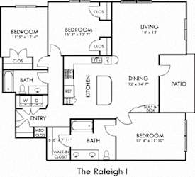 Raleigh. 3 bedroom apartment. Kitchen with island open to living/dinning rooms. 2 full bathrooms, double vanity in master. Walk-in closets. Patio/balcony.