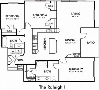 Raleigh. 3 bedroom apartment. Kitchen with island open to living/dinning rooms. 2 full bathrooms, double vanity in master. Walk-in closets. Patio/balcony.
