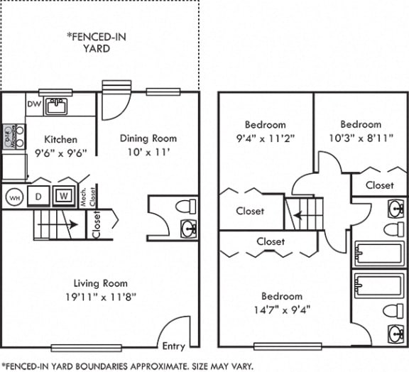 Magnolia with Fenced-in Yard. 3 bedroom townhome. Kitchen. living room. dinning room. 2 full bathroom + powder room. large closets. back door open to yard