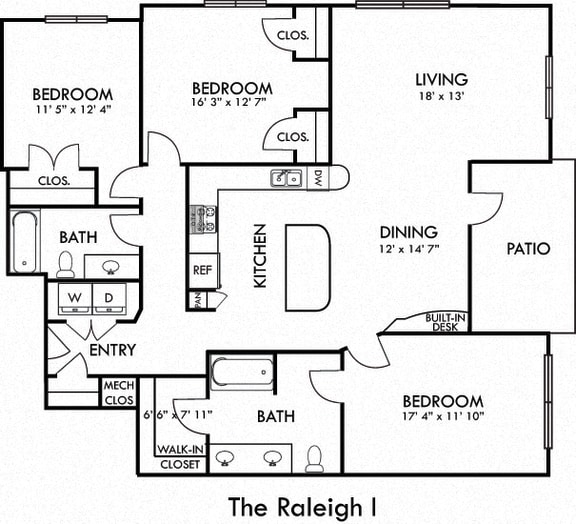 Raleigh. 3 bedroom apartment. Kitchen with island open to living/dinning rooms. 2 full bathrooms, double vanity in master. Walk-in closets. Patio/balcony.