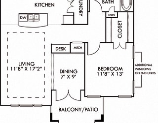 The Paris. 1 bedroom apartment. Kitchen with island open to living/dining rooms. 1 full bathroom. Walk-in closet. Patio/balcony.
