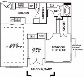 The Paris. 1 bedroom apartment. Kitchen with island open to living/dining rooms. 1 full bathroom. Walk-in closet. Patio/balcony.