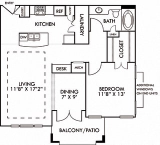 The Paris. 1 bedroom apartment. Kitchen with island open to living/dining rooms. 1 full bathroom. Walk-in closet. Patio/balcony.