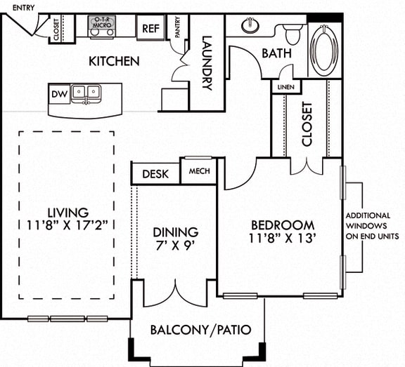 The Paris. 1 bedroom apartment. Kitchen with island open to living/dining rooms. 1 full bathroom. Walk-in closet. Patio/balcony.