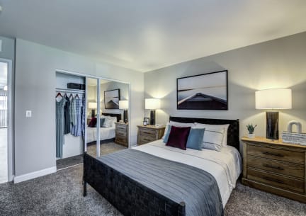 a bedroom with a large bed and a closet