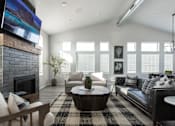 Thumbnail 4 of 8 - A modern living room with a fireplace and a flat screen TV mounted above it.
