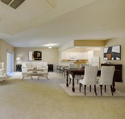 the living room and dining room of a house with white furniture