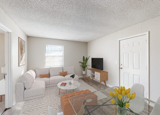 Spacious living room with vinyl flooring