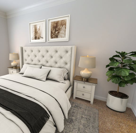 a bedroom with a bed and two windows