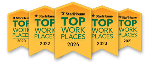 a graphic of four orange tags with the words top work places 2020
