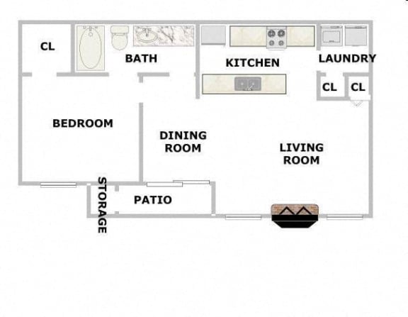 Floor Plan  651 Square-Foot 1 Bedroom 1 Bath Pecanwood Floorplan at Pleasant Creek Apartments, Lancaster, TX, 75146