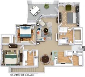 Windcrest 3D. 3 bedroom apartment, stairs to entry/garage. Kitchen with bartop open to living/dinning rooms. 2 full bathrooms, double vanity in master. Walk-in closets. Patio/balcony.