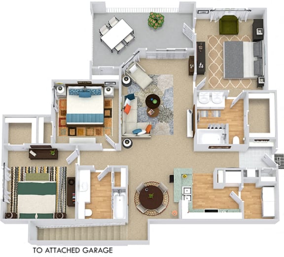 Windcrest 3D. 3 bedroom apartment, stairs to entry/garage. Kitchen with bartop open to living/dinning rooms. 2 full bathrooms, double vanity in master. Walk-in closets. Patio/balcony.