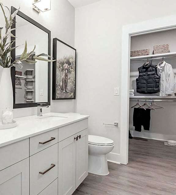 Luxurious bathroom with double vanity and spacious walk-in closet at Novel Cary