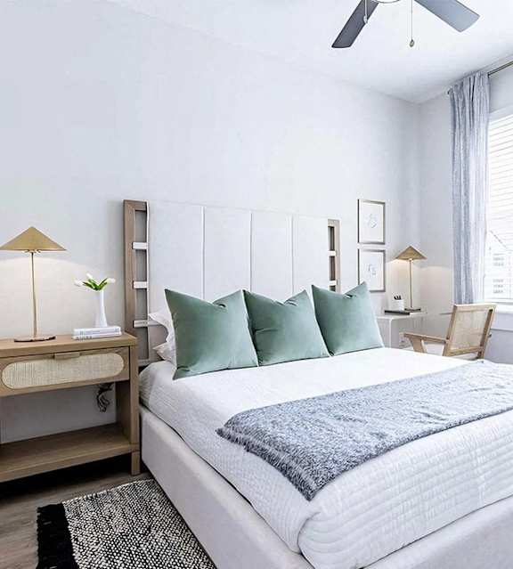 Modern bedroom with ceiling fan and en-suite bathroom at Novel Cary