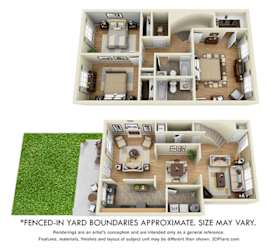 Maison De Ville with Fenced-in Yard. 3 bedroom townhome. Kitchen, living, and dinning rooms. 2 full bathrooms + powder room. Patio/balcony open to yard.