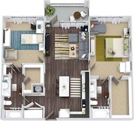 The Nelson 3D. 2 bedroom apartment. Kitchen with island open to living room. 2 full bathroom. Walk-in closets. Patio/balcony.