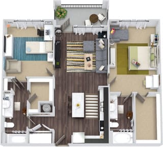 The Nelson 3D. 2 bedroom apartment. Kitchen with island open to living room. 2 full bathroom. Walk-in closets. Patio/balcony.