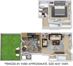 3D Aspen 1 Bedroom Townhome with Fenced-in Yard. Eat-in Kitchen and Living on first. Bedroom and full bath on second.