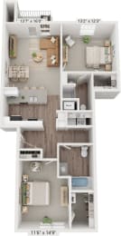 Two Bedroom 3D floor plan at Eagle Ridge Apartment Homes, Traverse City, 49685