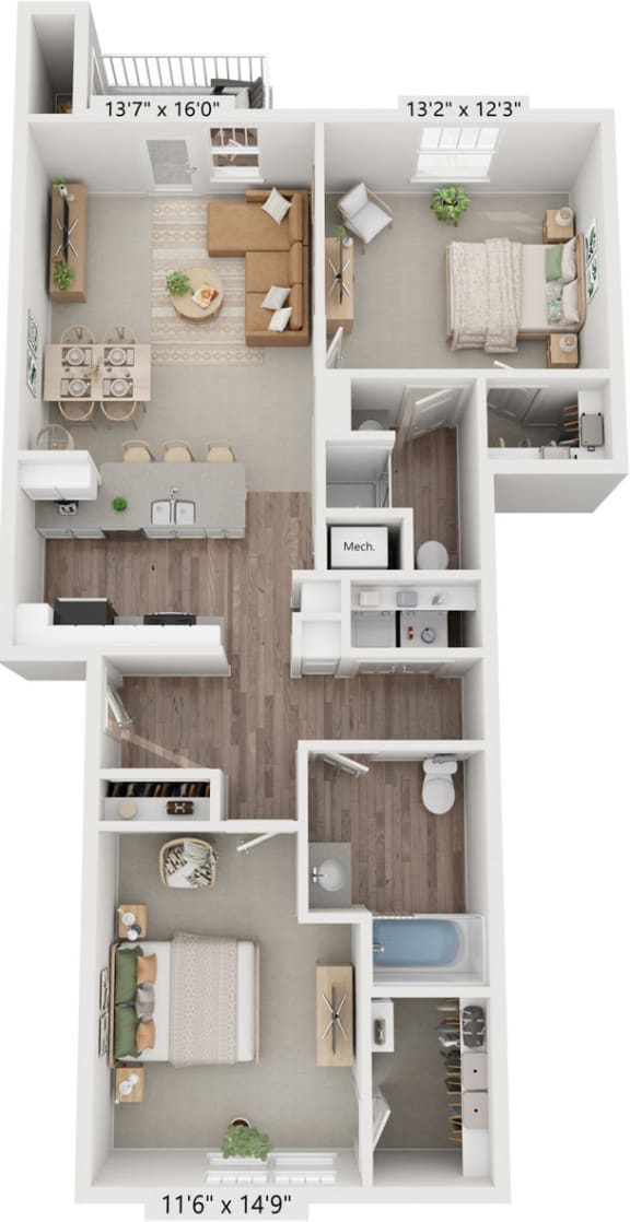 Two Bedroom 3D floor plan at Eagle Ridge Apartment Homes, Traverse City, 49685