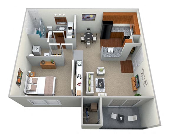 1 Bedroom 1 Bath - CWM I Floor Plan 3D View at The Crossings at White Marsh Apartments, Maryland