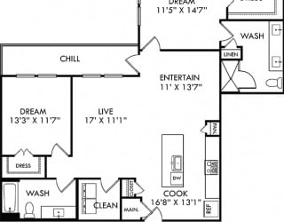 The Magnolia. 2 bedroom apartment. Kitchen with island open to living/dinning room. 2 full bathroom, double vanity & shower stall in master. Walk-in closets. Patio.
