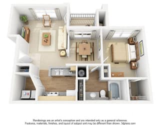 Allegro. 1 bedroom apartment. Kitchen with bartop open to living/dinning rooms. 1 full bathroom. Walk-in closet. Patio/balcony. Alternate Living Room layout with bump out and optional built-in entertainment shelves.