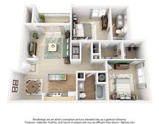 Leda 3D. 2 bedroom apartment. Kitchen with bartop open to living/dinning rooms. 2 full bathroom, double vanity in master. Walk-in closets. Patio/balcony.