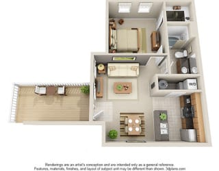 Abbey 3D. 1 bedroom apartment. Kitchen with bartop open to living/dinning rooms. 1 full bathroom. Walk-in closet. Patio/balcony.