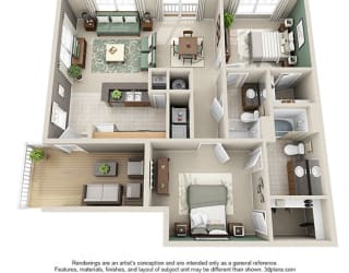 Foster 3D. 2 bedroom apartment. Kitchen with bartop open to living/dinning rooms. 2 full bathrooms, shower stall in guest. Walk-in closets. Patio/balcony.