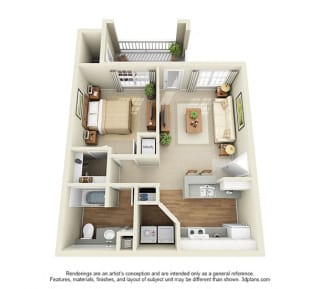 Carrington. 1 bedroom apartment. Kitchen with bartop open to living room. 1 full bathroom. Walk-in closet. Patio/balcony.
