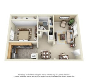 3D Bellwood 1 bedroom apartment with L-shaped Kitchen. Living-dining area. 1 full bath. in-unit laundry.