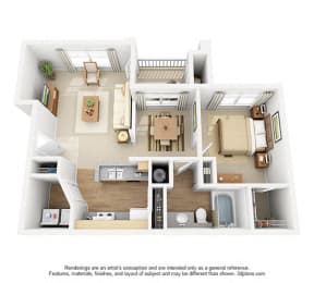Allegro. 1 bedroom apartment. Kitchen with bartop open to living/dinning rooms. 1 full bathroom. Walk-in closet. Patio/balcony. Alternate Living Room layout with bump out and optional built-in entertainment shelves.
