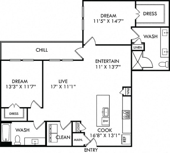 The Magnolia. 2 bedroom apartment. Kitchen with island open to living/dinning room. 2 full bathroom, double vanity & shower stall in master. Walk-in closets. Patio.