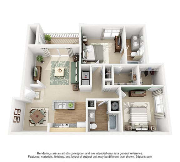 Leda 3D. 2 bedroom apartment. Kitchen with bartop open to living/dinning rooms. 2 full bathroom, double vanity in master. Walk-in closets. Patio/balcony.
